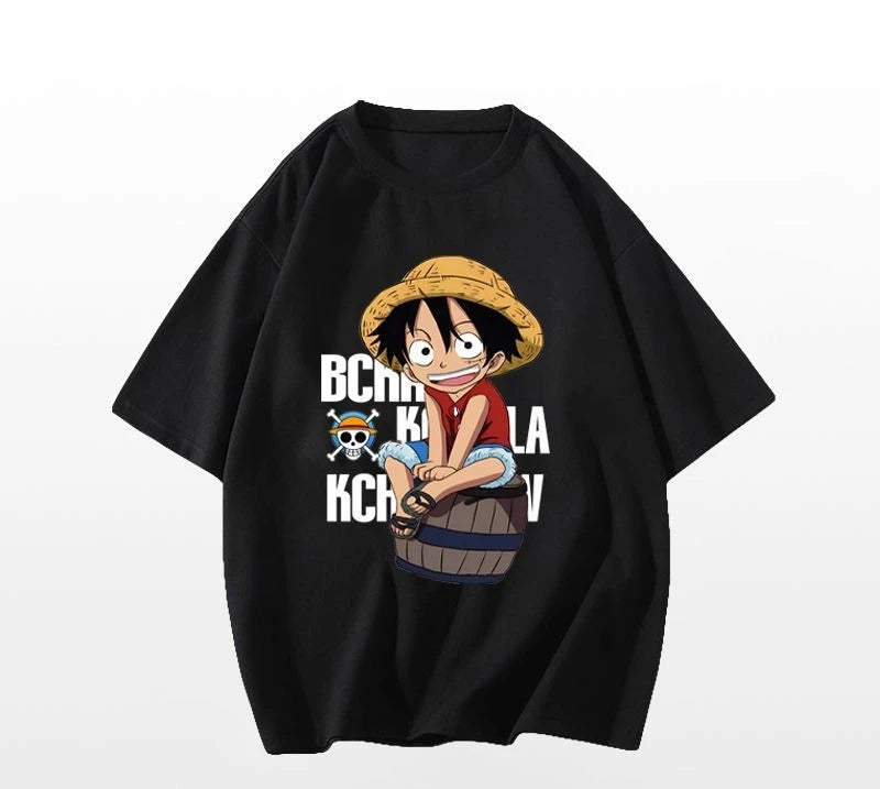 Heavy Black ONE PIECE Luffy Cartoon Printed Cotton T-Shirt
