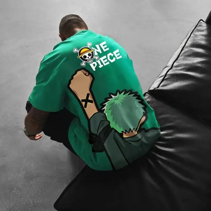 New Oversized Summer One Piece Luffy & Zoro Anime Personality Print Heavyweight Cotton T-Shirt - Image 4