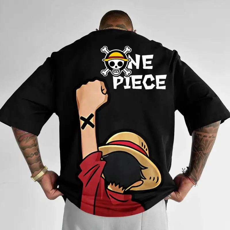 New Oversized Summer One Piece Luffy & Zoro Anime Personality Print Heavyweight Cotton T-Shirt - Image 2
