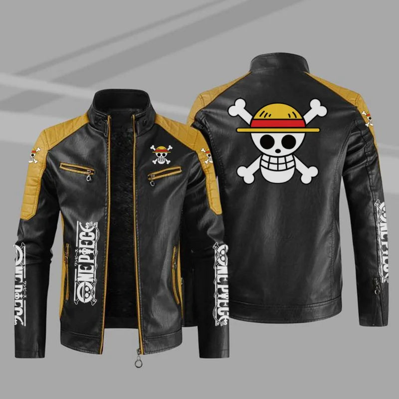 Anime One Piece Men’s Leather Jacket – Autumn Casual Stand Collar PU Biker Coat - Image 3